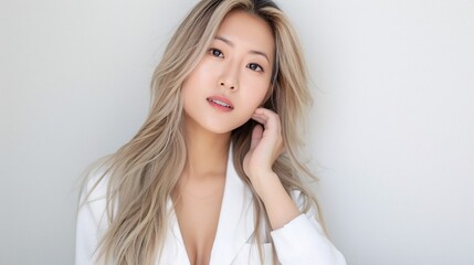 An Asian woman with long blonde hair, dressed in a white outfit, touching her face and smiling brightly against a white background, radiating confidence and warmth in a minimalist portrait