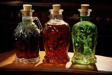 Glass bottles of potion and tincture, herbal medicine.