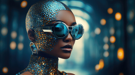 Woman in futuristic costume. Female in modern glasse. Neon blue light