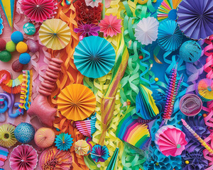 A bird's-eye snapshot of a birthday scene with a variety of colorful party items, including rainbow paper fans, streamers, and hanging decorations, festively displayed .
