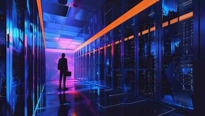 A high-tech data center with rows of black and blue server cabinets, surrounded by glowing lines...