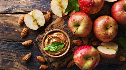 Board of fresh apples with nut butter on color wooden table