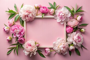 A frame with beautiful peony flowers on a pastel pink background. Flat layout, top view, place to...