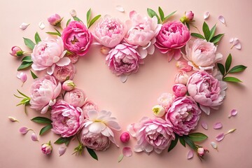 A heart-shaped frame with beautiful peony flowers on a pastel pink background. Flat layout, top...