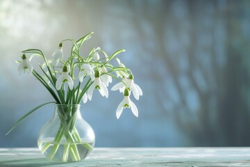 Tranquil scene with fresh snowdrops in a transparent vase on a wooden surface