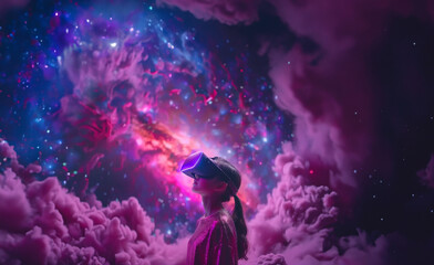 Metaverse concept, child wearing virtual reality VR glasses headset in space adventure game 