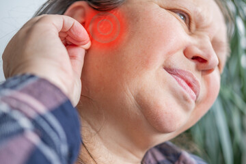 caucasian mature woman holding painful ear close up, hearing loss, Ear Discomfort, Health, Acute...