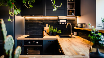 Modern and small kitchen with wooden cupboard and countertop and black furniture oven sink and fridge : Generative AI