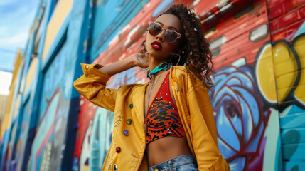 Women in fashionable bright clothes. Vibrant street-style photo shoot, featuring trendy outfits, colorful murals, and spontaneous poses.	