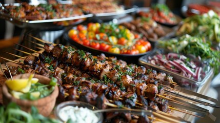 A buffet displaying a variety of food skewered on sticks, including meats, vegetables, and fruits. Dishes are arranged neatly on a table, offering a diverse selection for guests to enjoy