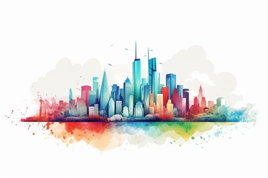 Watercolor painting of a cityscape with blue, green and red colors.