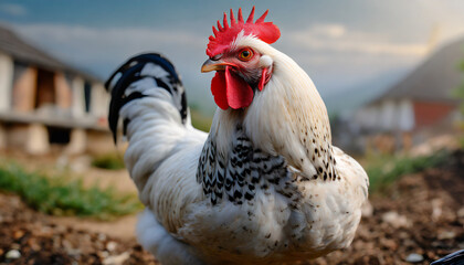Close-up of hen grazing on a farm. Portrait of chicken on blurred nature background. Domestic animals