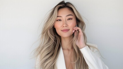 An Asian woman with long blonde hair, dressed in a white outfit, touching her face and smiling brightly against a white background, radiating confidence and warmth in a minimalist portrait