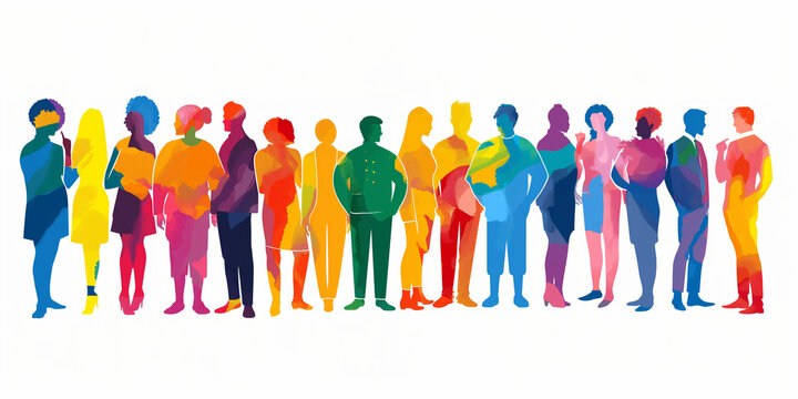 Viele bunte Menschen in Reihe als Zeichnung mit Platzhalter im Querformat f&uuml;r Banner