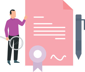 The boy is standing next to the contract paper.