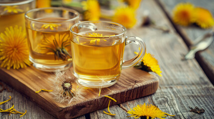 Board with glass cups of healthy dandelion tea on wood