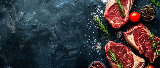 Three raw beef steaks with spices and herbs on a dark background. - Powered by Adobe