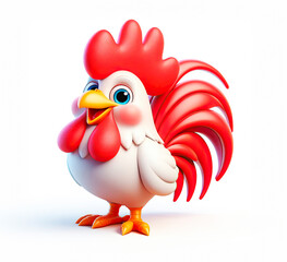 3d cheerful rooster, cartoon character, on a white background