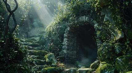 Hidden cave entrance, covered in moss and vines, dappled sunlight, magical atmosphere realistic