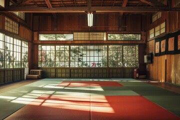 Room with a red and green mat in it