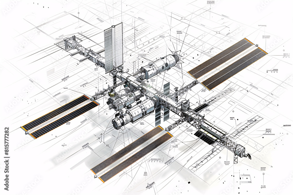 Poster 3d rendering of a space station design on a blueprint background