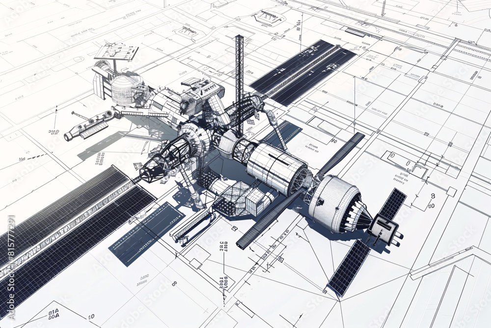 Poster complex space station design depicted in a 3d blueprint format