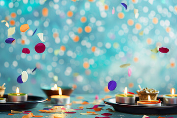 A festive party atmosphere with colorful confetti on a light blue backdrop, highlighted by candles set on decorative hors d'oeuvre trays .