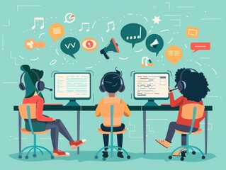 A language learning class with students practicing new vocabulary through immersive software and audio aids. background