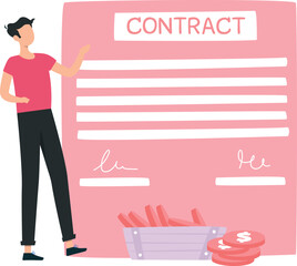 The girl is looking at the contract document.