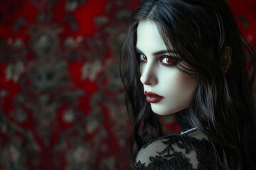 Fototapeta premium Seductive Beautiful vampire woman. Makeup girl. Fictional person. Generate Ai