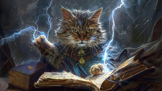A cat sorcerer, fur bristled with arcane power, casting a spell from an ancient grimoire, lightning flashing dramatically in the background