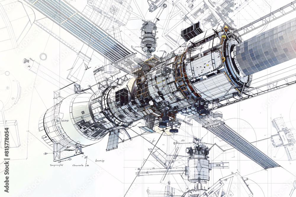 Poster intricate 3d space station model over engineering blueprints