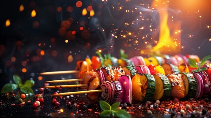 Crunchy skewers vegetables grill food. Grilled vegetable and skewers in a herb marinade on a grill,...