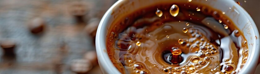 A close-up top view of a drip coffee setup, the coffee droplets making a perfect circle in the cup, focus on the surface tension, set against a muted, contemporary background, prov
