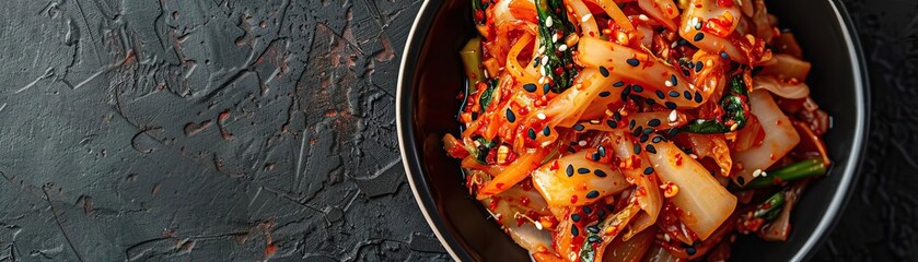 Fototapeta premium A close-up top view of a vibrant bowl of mixed kimchi, focus on the detail of the seasoning, set against a muted, contemporary background, providing a wide, panoramic space for tex