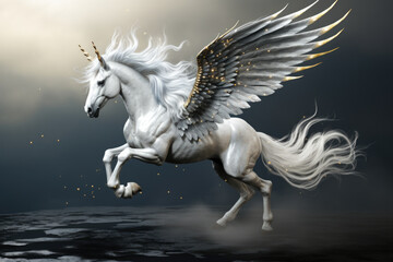 The mythical pegasus horse with spread wings against the background of a clouds.