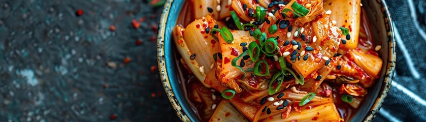 A close-up top view of a vibrant bowl of mixed kimchi, focus on the detail of the seasoning, set against a muted, contemporary background, providing a wide, panoramic space for tex