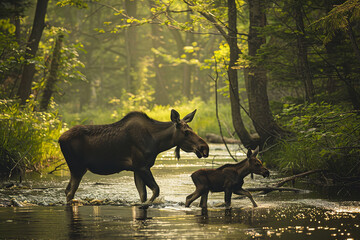 Mother Moose and Calf Crossing Serene Woodland Stream  