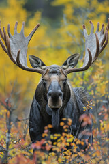 Bull Moose with Antlers Amidst Vibrant Autumn Colors  