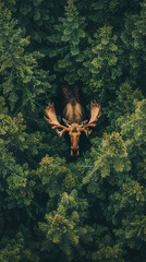 Aerial View of Moose in Lush Green Forest Wilderness  
