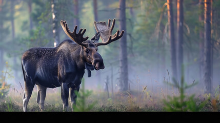 Majestic Moose in Misty Dawn Light - Serene Forest Scene  