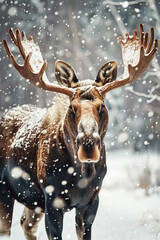 Bold Moose in Snowy Field - Winter Wonderland Scene  