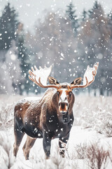Bold Moose in Snowy Field - Winter Wonderland Scene  