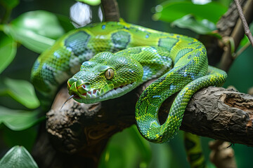 Naklejka premium Venomous green serpent perched on a tree branch, showcasing its vibrant coloration and captivating presence in the natural world 