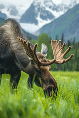 Moose Grazing in Green Meadow with Mountain Range Background