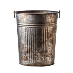 Rustic metal trash can isolated on white background