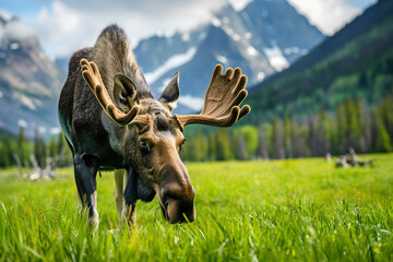 Moose Grazing in Green Meadow with Mountain Range Background
