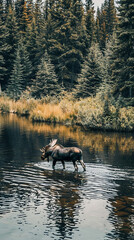 Moose Crossing River with Forest Reflections - Peaceful Nature Scene  