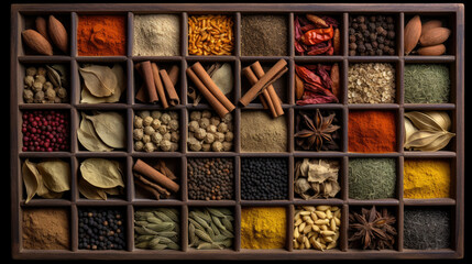 Spices in wooden box
