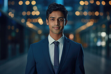 Confident Indian businessman looking at camera standing in modern office . Handsome classy corporation owner. Business portrait
